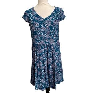 Garnet Hill Floral Pleated Dress Teal V-Neck Cap Sleeve Lined Pockets XS 0